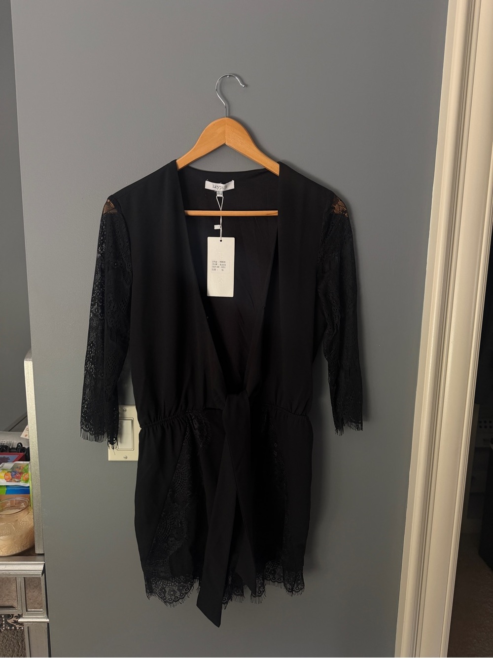 Lucy Paris Black Lace Sleeve Tie-Waist Romper